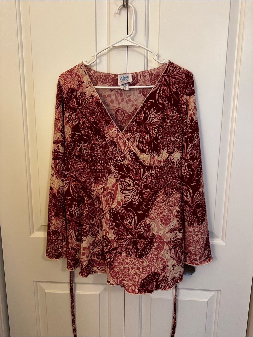Planet Motherhood Burgundy and Cream Floral Wrap Tunic